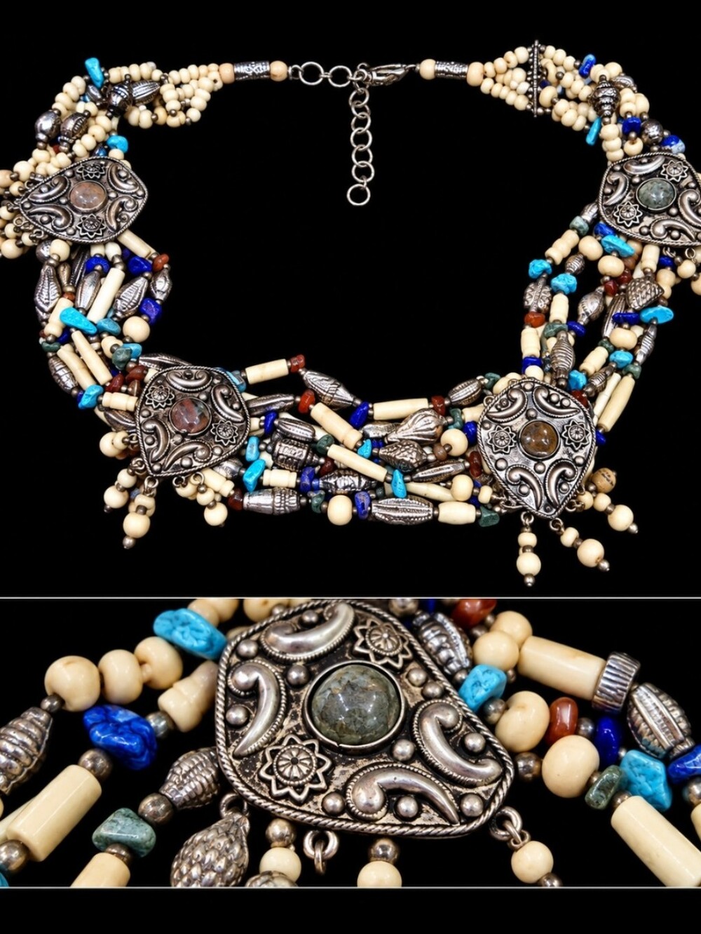 VINTAGE INDIA TRIBAL STATEMENT BELT MULTI STRAND BONE STONE ORNATE MEDALLIONS